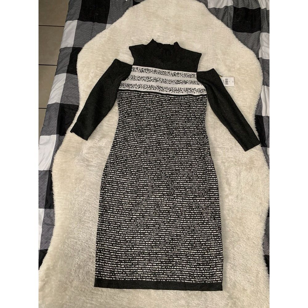 New Danny & Nicole Exposed Shoulder Turtleneck Charcoal White Dress Medium